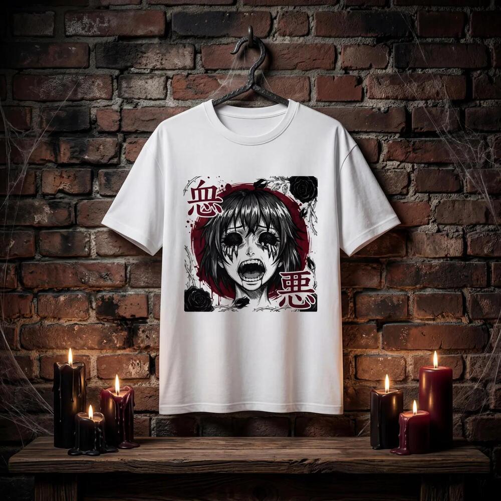 Horror Anime Shirt, Creepy Manga Face Tee With Kanji